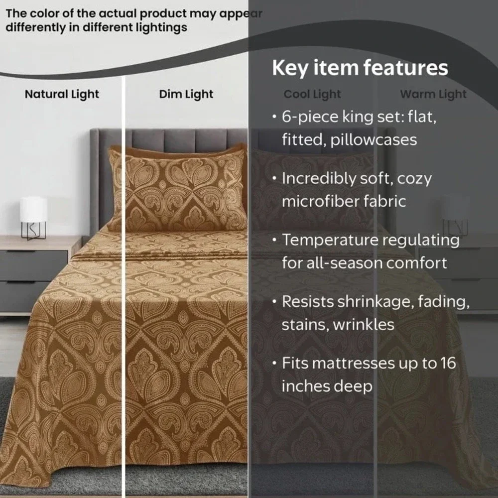 6 Piece Microfiber Quality Deep Pocket Bedroom Sheet Set in Queen Size, Brown